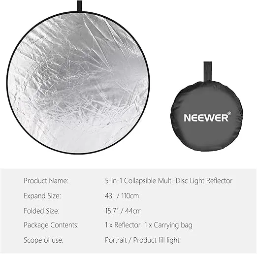 NEEWER 43 Inch/110 Centimeter Light Reflector Diffuser 5 in 1 Collapsible Multi Disc with Bag - Translucent, Silver, Gold, White, and Black for Studio Photography Lighting Outdoor