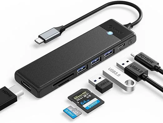 ORICO USB C Hub Adapter 7 in 1 Multiport Docking Station with 4K HDMI, 3 USB-A 3.0 Ports, TF/SD Card Reader, 100W PD USB C Dongle, for MacBook Air, MacBook Pro and Other Type C Devices