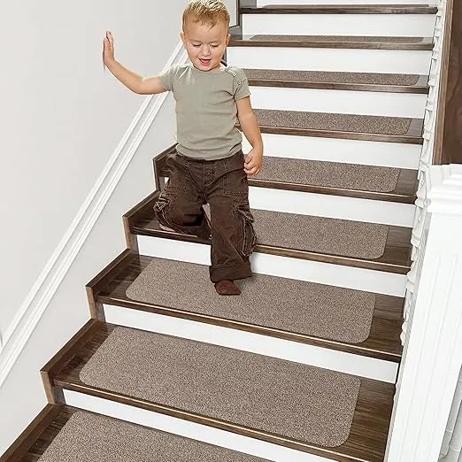 COSY HOMEER Stair Treads Non-Slip Carpet Mat 28inX9in Indoor Stair Runners for Wooden Steps, Stair Rugs for Kids and Dogs, 100% Polyester TPE Backing 7pcs,Beige,Protect Floor