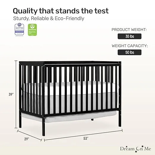 Dream On Me Synergy 5-In-1 Convertible Crib In Black, JPMA & Greenguard Gold Certified, Constructed out of solid reclaimed New Zealand Pine wood, Features 3 mattress height settings