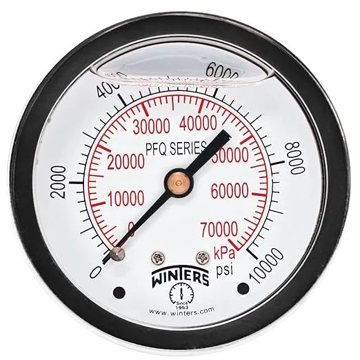 Winters 2-1/2" Dial Size, Liquid Filled Industrial Pressure Gauge, Brass Internals, Stainless Steel Case, Dual Scale 0-10,000 psi/kPa, 1.5% Acc, 1/4" NPT Back Mount, Glycerin Filled Pressure Gauge
