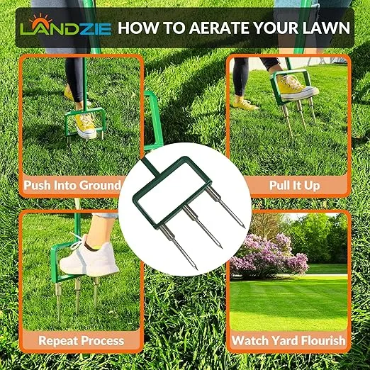 Landzie Spike Tine Fork Lawn Aerator - 42 Inch Manual Stainless Steel Gardening Hand Tool - Grass Dethatcher Aerator Lawn Tool with Solid Tines for Compacted Soil - Lawn Plugger Aerator…