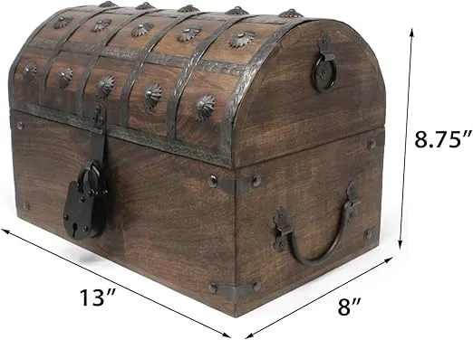 Nautical Cove Pirate Treasure Chest with Iron Lock and Skeleton Key - Wooden Storage and Decorative Box (Large 13 x 8 x 8.25)