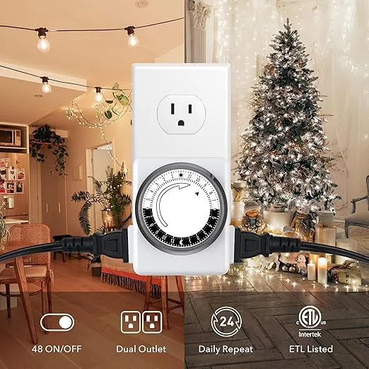 HBN Indoor Timers for Lamps,24 Hour Mechanical Indoor Timer for Electrical Outlets,Dual Outlets,15 Minute Intervals,Light Timer for Indoor Lighting,Heavy Duty Daily Cycle,2 Prong,2-Pack