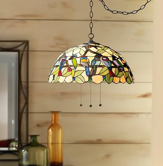 Robert Louis Tiffany Tropical Birds Tiffany Bronze Plug in Swag Pendant Chandelier 20" Wide Stained Glass 3-Light Fixture for Dining Room House Foyer Kitchen Island Entryway Bedroom Living Room