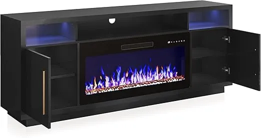 BELLEZE 70" Fireplace TV Stand for TVs Up to 75", LED Light Entertainment Center with 36" Electric Fireplace Heater, Storage Cabinet, Media Console Table for Living Room - Avenue (Black)