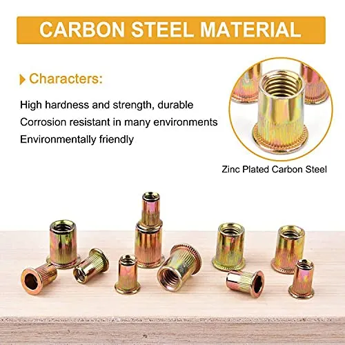 VIGRUE 150pcs #8-32#10-24 1/4"-20 5/16"-18 3/8"-16 Carbon Steel UNC Rivet Nuts Assortment Kit, Yellow Zinc Plated Finish, Flat Head Threaded Insert Nut Assort