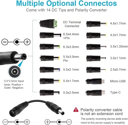 72W Power Supply Adjustable DC 3V ~ 24V Variable Universal Switching AC/DC Adapter 100V-240V AC to DC Converter with LED Voltage Display and 14 Tips, for 3V to 24V Household Electronics - 3000mA Max