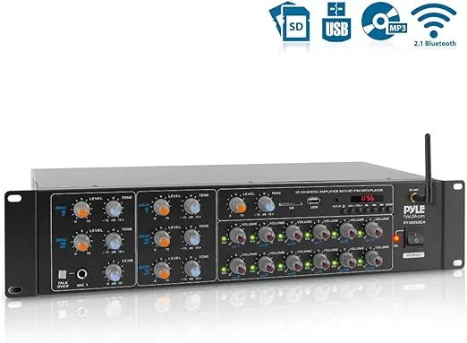 Pyle-12 Channel Power Amplifier w Bluetooth Wireless - 600W Max Power Rack Mount Amplifier with Multi-Zone Sound Mixer–RCA, USB and AUX inputs-Great for Restaurant, Theater, Studio or Stage-PT12050CH