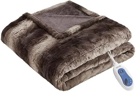 Beautyrest Zuri Reversible Faux Fur to Mink Electric Blanket, Auto Shut Off, Virtually Zero EMF, Multi Heat Setting, UL Certified, Machine Washable, Brown Throw 50x70