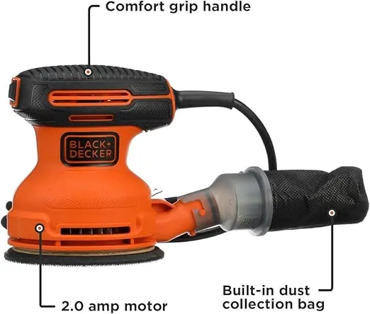 BLACK+DECKER Orbital Sander, 5 Inch, 2.0 Amp, 12000 OPM, Corded, 1 Sandpaper Sheet and Dust Bag Included (BDERO100)