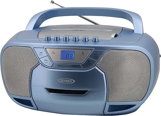 JENSEN CD-590-BL CD-590 1-Watt Portable Stereo CD and Cassette Player/Recorder with AM/FM Radio and Bluetooth (Blue)