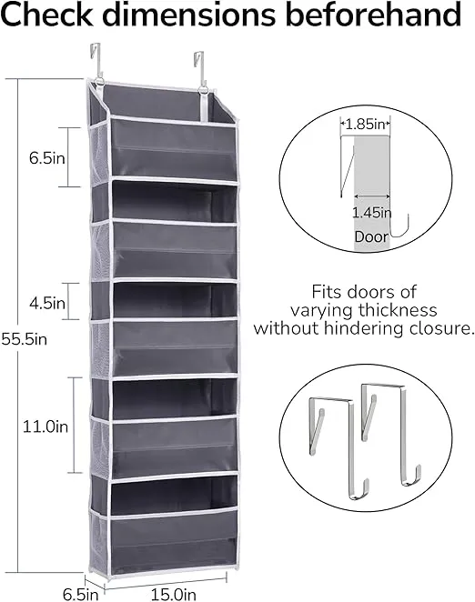 ULG 1 Pack Over Door Organizer with 5 Large Pockets 10 Mesh Side Pockets, 44 lbs Weight Capacity Hanging Storage Organizer with Clear Window Kids Toys, Shoes, Diapers, Dark Grey, 5 Layers