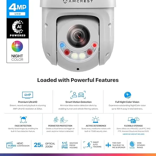 Amcrest 4MP AI PTZ POE IP Camera Pan Tilt Zoom (Optical 25x Motorized Zoom) Speed Dome, Human/Vehicle Detection, F1.6, 1/2.8" Sensor, 4MP@30fps, 328ft Night Vision, IP4M-1063EW-AI-V2
