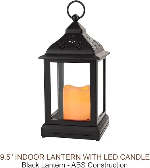 Bright Zeal 2-Pack 9.5" Vintage Decorative Candle Lantern with LED Flickering Flameless Candle (Black, 8hr Timer) - Indoor Hanging Lanterns Decorative Lanterns Battery Powered LED Candle Timer Candle