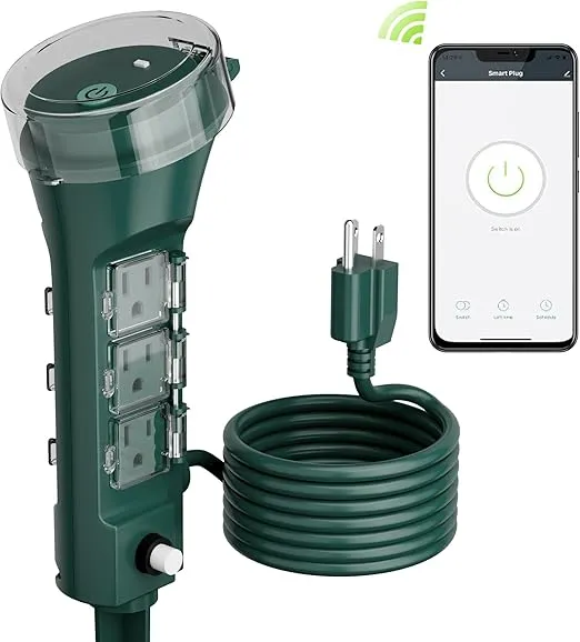 HBN Outdoor Smart Plug Waterproof WiFi Outdoor Outlet Timer with 6 Grounded Outlets, Remote & Voice Control Heavy Duty Yard Stake Plug Compatible with Alexa and Google Assistant No Hub Required