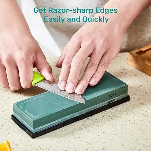Knife Sharpening Stone with Non-slip Rubber Base, 400/1000 Grit Premium Whetstone, Double-Sided Knife Sharpener for Kitchen, Waterstone for Honing Blades Manually