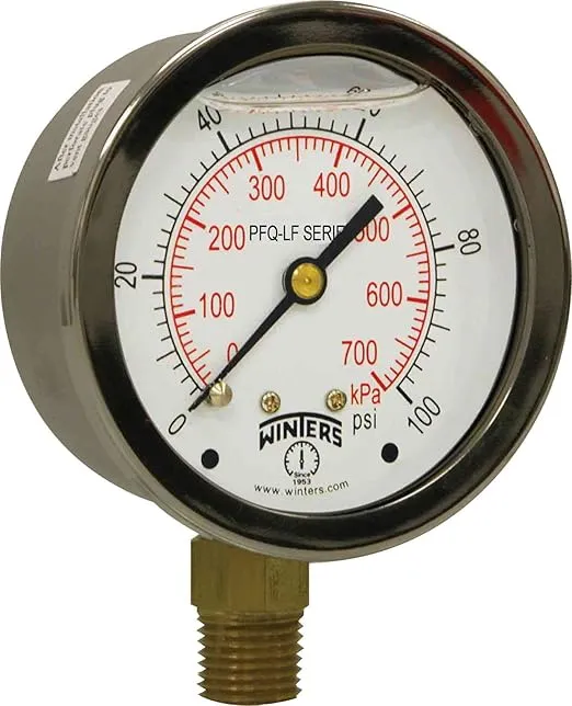 Winters 2-1/2" Dial Size, Liquid Filled Pressure Gauge, Potable Brass Internals, 304 Stainless Steel Case, Dual Scale 0-100 psi/kPa, 1.5% Acc, 1/4" NPT Bottom Mount, Drinking Water Pressure Gauge