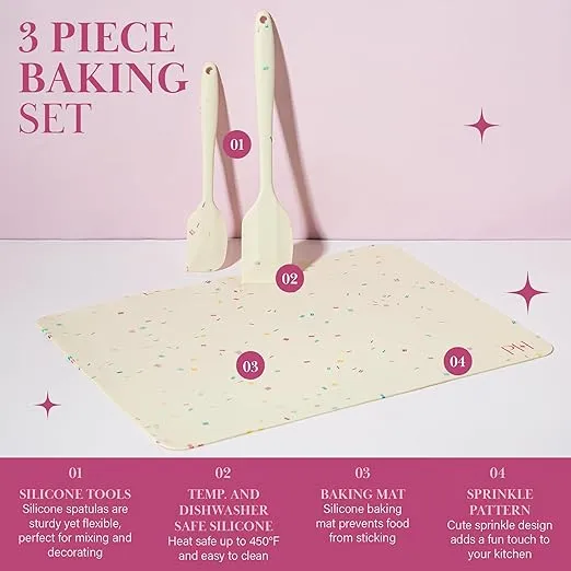 Paris Hilton Sprinkles Baking Set, Reusable Nonstick Food-Safe Silicone Baking Mat, Large and Small Spatulas, Oven Safe to 450°F, Dishwasher Safe, Made without BPA, 3-Piece Set, Multicolor