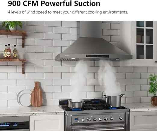 IKTCH 30-inch Wall Mount Range Hood 900 CFM Ducted/Ductless Convertible, Kitchen Chimney Vent Stainless Steel with Gesture Sensing & Touch Control Switch Panel, 2 Pcs Adjustable Lights(IKP02-30'')