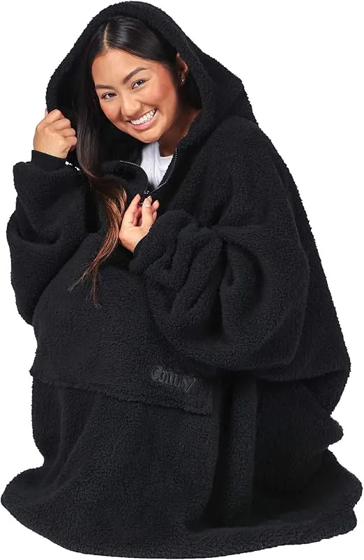 THE COMFY Teddy Bear Quarter-Zip | Sherpa Wearable Blanket with Quarter Length Zipper, Oversized Design with Hood and Pocket, From Shark Tank, for Women & Men, Warm and Cozy Gifts