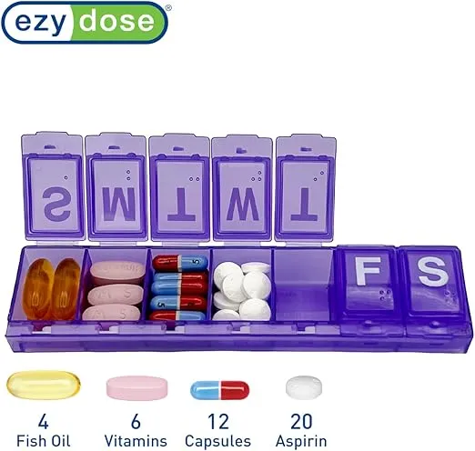 EZY DOSE Weekly (7-Day) Pill Planner, Medicine Case, Vitamin Organizer Box, Large Locking Compartments to Secure Prescription Medication and Prevent Accidental Spilling, Purple