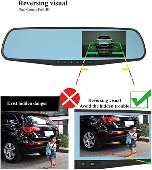 Car DVR Rear View Mirror Video Recroder 4.3" inch Back Up Car Camera Dual Lens Cam Night Vision Front and Rear Backup Reverse Security for Car