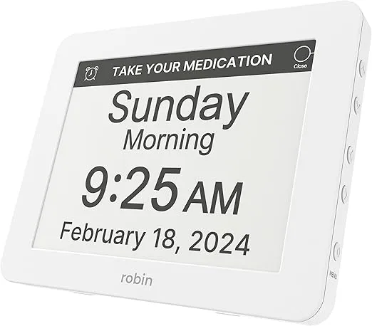 Robin Clock 2024 with Day and Date for Elderly, Clocks for Seniors, Dementia Clock, Digital Calendar Clock Elderly, Bedside Clocks Seniors, Alzheimers Products, Dementia Clocks Extra Large, White