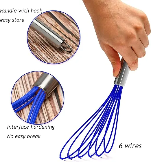 Flat Whisk Set,Stainless Steel 3 Pack 10''+11''+12'' Premium Sturdy-6 Silicone Heads Non Stick Wires Whisk for Blending Beating Stirring Kitchen Cooking by Jell-Cell (Blue)