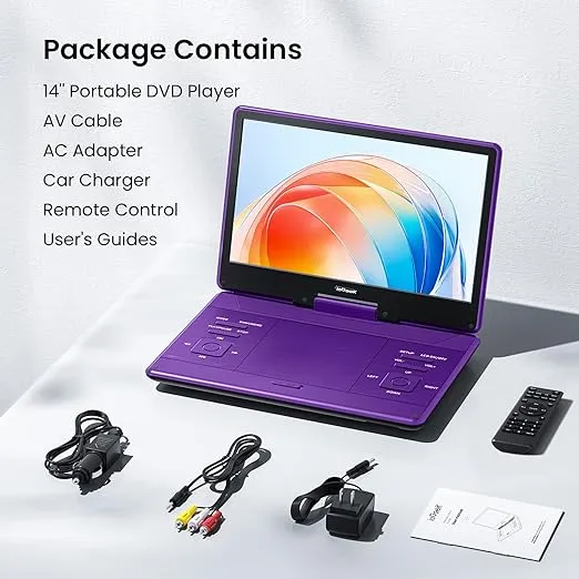 ieGeek 15.9'' Portable DVD Player with 14.0'' Swivel Screen, 6 Hrs Rechargeable Battery, Car DVD Player, Sync TV, Region Free, Support USB/SD Card, High Volume Speaker, Remote Control, Purple