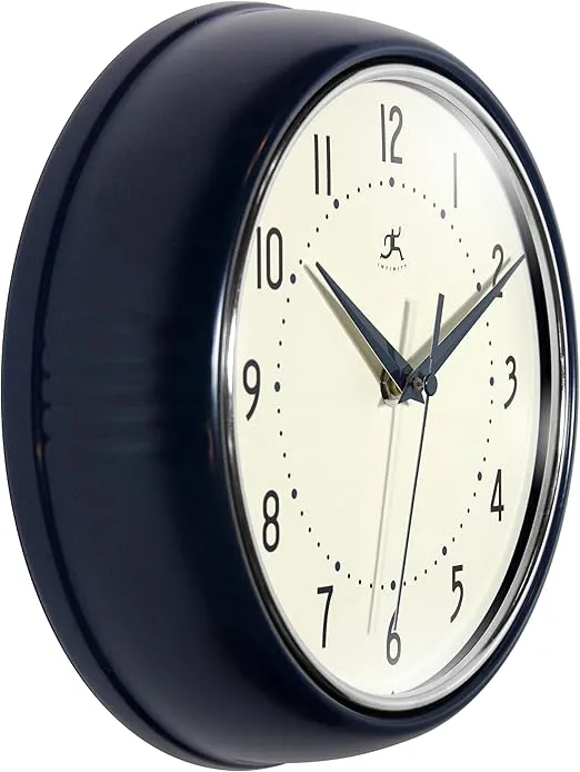 Infinity Instruments Retro 9.5 Inch Round Indoor Wall Clock, Navy Blue