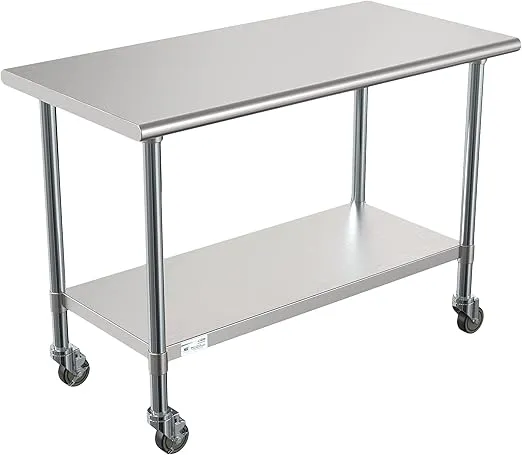 KoolMore Commercial 24” x 48” Stainless Steel Work Table Wheels Restaurant Home Use, Under Storage Shelf Food, Tools, Equipment, Hardware, Heavy Duty Metal Workspace (CT2448-18C), Silver, 24" x 48"