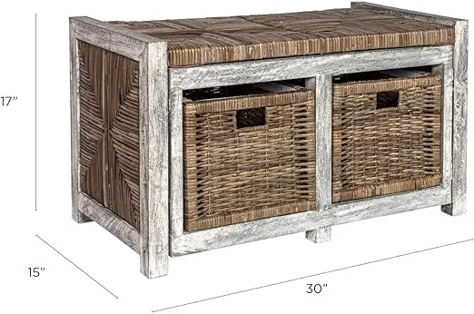 happimess HPM9100A Rustic 30" 2 Drawer Wicker Storage Bench, Rattan/Wood/Linen, Coastal, Rustic, Transitional for Office, Dorm Room, Living Room, Bedroom, Dining Room, Gray