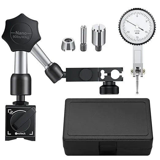 Neoteck Dial Test Indicator wiht Magnetic Base Stand and Storage Case, 0-0.03"/0.0005" Test Indicator Set with 2 Steel Dovetail Clamps 3/8'' and 5/32'' for Machine Set-Up, Narrow Area Measurement