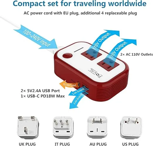 Travel Voltage Converter 220V to 110V-FOVAL Step Down Power Converter International Travel Adapter with USB-C Port 18W-[Outlet Converter US to Europe, Italy, UK, AU, Use for USA Appliance in Overseas]