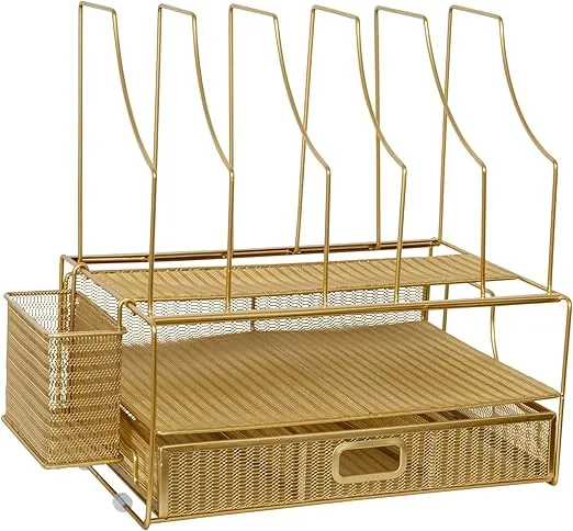 Martha Stewart Ryder Gold Mesh Metal Large Desktop Organizer With Paper File Letter Holder Organizer and Drawer