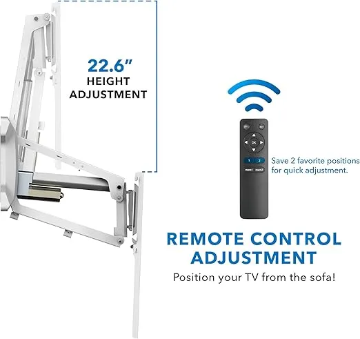 MOUNT-IT! Motorized Fireplace TV Wall Mount | Remote Control Electric Pull Down Mantel Mounting Bracket, Up to 77 Lbs Weight Capacity, Height Adjustable, Swivel, VESA 600x400 Compatible, White