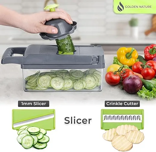 14-in-1 Vegetable Chopper w/Container, Multifunctional Veggie Cutter w/Dicer, Slicer, Shredder & Grater for Onion, Tomato & Potato, Safe Kitchen Tool for Food & Salad by Golden Nature