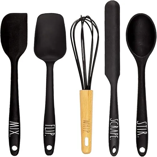 5 Piece Mini Kitchen Utensil Set- Silicone Kitchen Tools with Beechwood Handles by (Black)