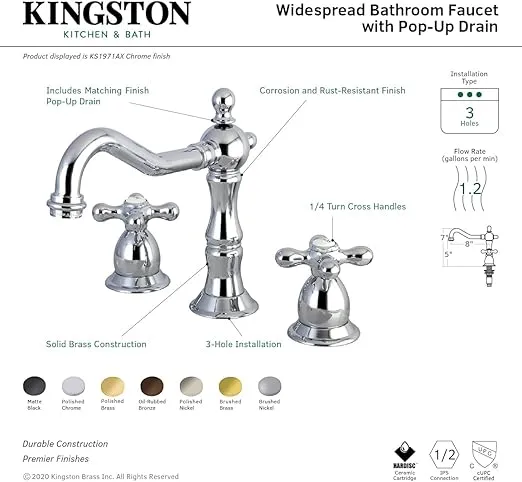 Kingston Brass KS1971AX Heritage Widespread Lavatory Faucet with Metal Cross Handle, Polished Chrome, 8-Inch Adjustable Center