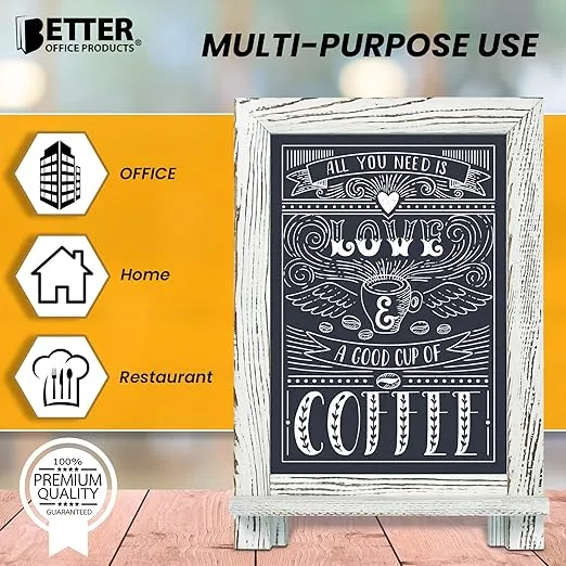 Better Office Products Framed Tabletop Chalkboard Sign, 9.5" x 14", Rustic Wood Frame, Small Magnetic Chalkboard with Built-in Ledge and Folding Stand, One White Chalk Marker Included,(Whitewash)