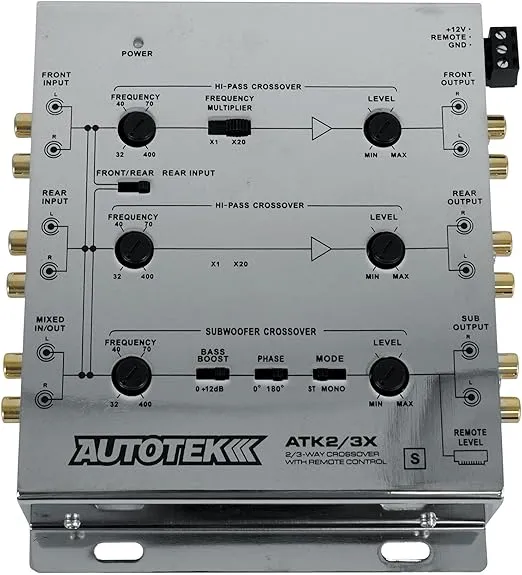 Autotek ATK2 3X Active Crossover Processor (Silver) – 8.5 Volts, 2-Way and 3-Way, Remote Bass Control Included, Built-In Crossovers, Level Adjust