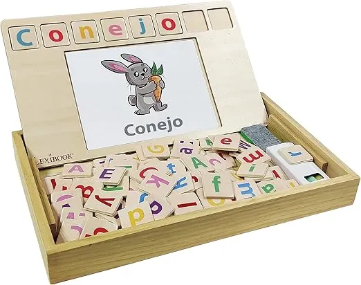 LEXIBOOK EDU100i2 Bio Toys School, Bilingual Spanish/English, Wooden, 50 Word Cards, Alphabet, Educational Game, Medium