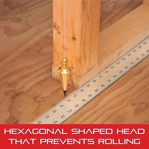 Starrett Solid Steel Plumb Bob with Strong Braided 8' Nylon Line for Layout Work, Construction and Surveying - Hardened Steel, Hexagonal Shaped, 8-1/2oz. - 177C