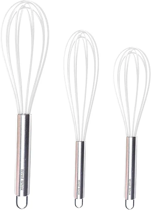 Silicone Whisk Set of 3 - Silicone Whisks for Cooking Non-Scratch – Silicone Whisk Set - Hand Whisk - Wisk - Metal Whisk - Small Whisk - Mini Whisk - Stainless Steel Whisk - Cookware - Wisking tool