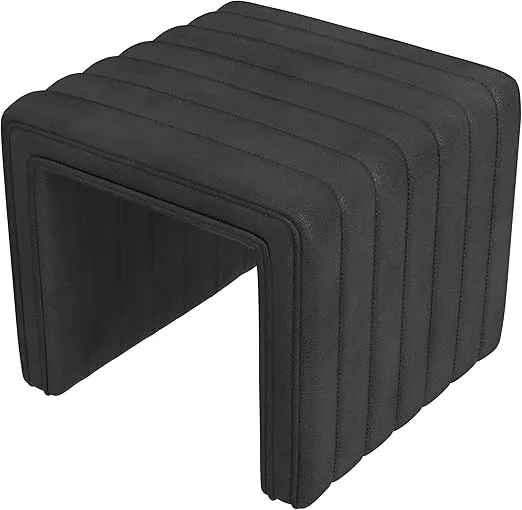 HomePop Modern Channel Tufted Faux Leather Ottoman Home Décor|Ottoman for Living Room & Bedroom - Black Faux Leather