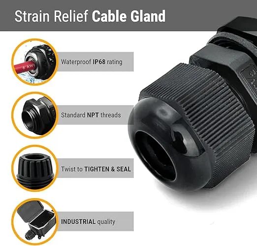 MGI SpeedWare 1/2" NPT Strain Relief Nylon Cord Grip Cable Glands, Black Plastic Grommet 100-Pack