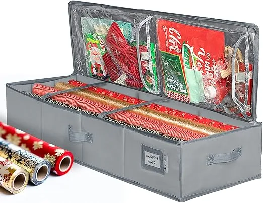 Premium Wrapping Paper Storage Container -Durable Material 600D tear-proof - Fits up to 27 Paper Rolls -Extra Pockets for Ribbons & Bows. Underbed Gift Wrap Organizer, Ideal for Holiday Christmas, etc