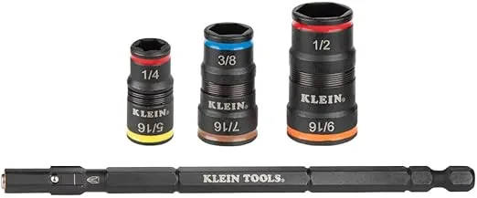 Klein Tools 32933 Impact Driver, SAE 7-in-1 Impact Socket Set, 3 Flip Sockets with 6 Hex Driver Sizes and 1/4-Inch Bit Holding Feature, Impact Rated 5-Inch Shaft