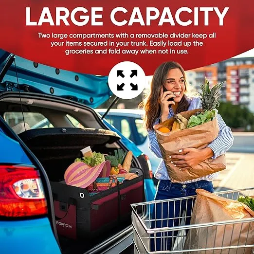 FORTEM SUV Trunk Organizer, Car Organizer, Collapsible Multi-Compartment Storage Bag for Car Accessories for Women Men, Non Slip Bottom, Adjustable Straps, Soft Cover 65L (Large, Red)